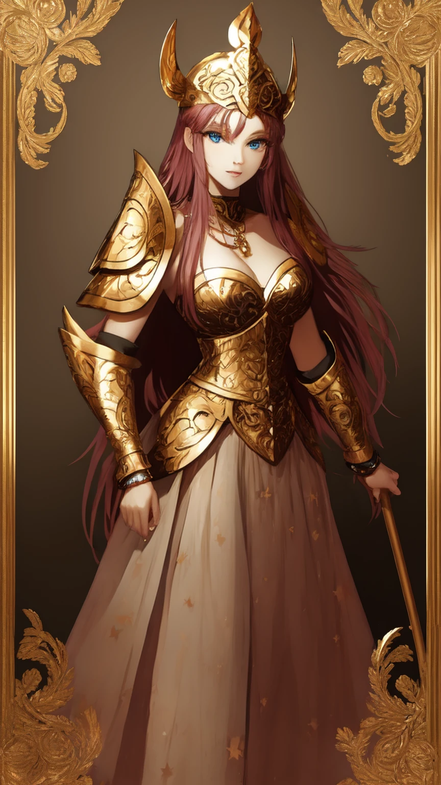 Kido_Saori, Are standing, alone, big_chest,  Athena Cross_armor, Saori_accessories, staff_Nod, masterpiece, highest quality, Detailed face, Fine grain, High resolution,