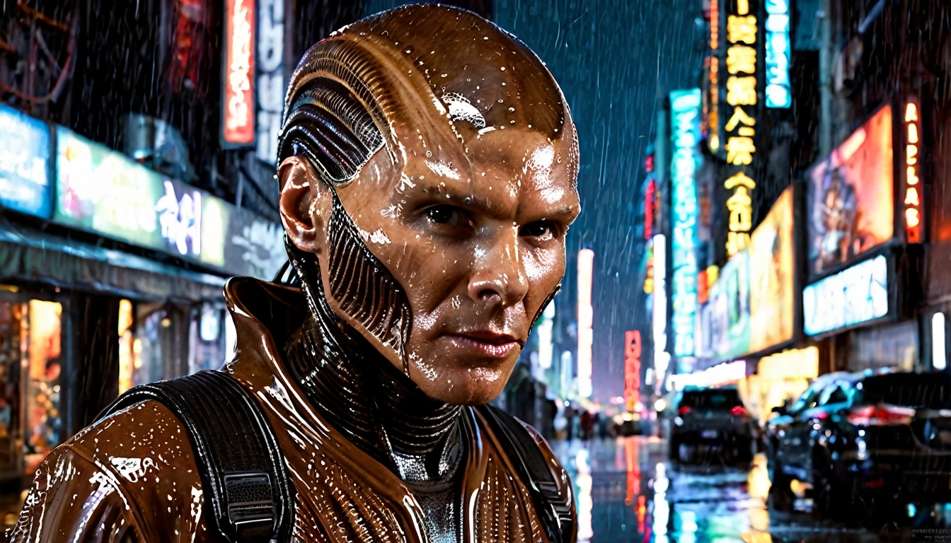 movie poster, man with the face of Harrison Ford, dressed in brown overalls, face to face with the Xenomorph, Hans Ruedi Giger's alien, in the background a futuristic city, neon lights, wet street, highly detailed image, sharp focus, studio photography, xf iq 4, 1 5 0 0 0 0 mp, 5 0 mm, iso 2 0 0, 1/1 6 0 s, realistic, natural light, octane rendering, adobe lightroom, thirds resolution, symmetrical balance, depth layers , polarizing filter, ..., hd, color optics, ..., hd, opaque color, masterpiece