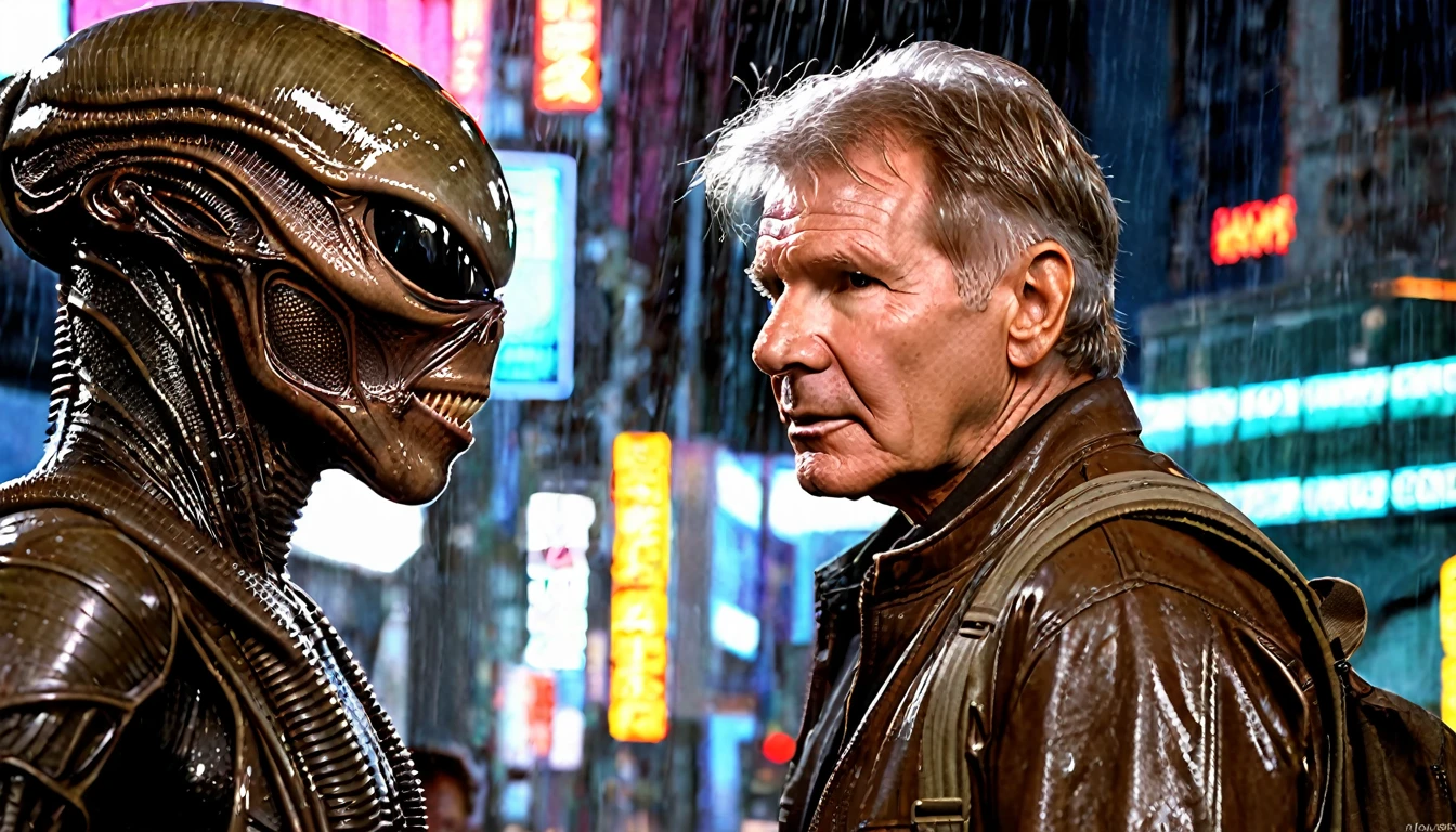 movie poster, man with the face of Harrison Ford, dressed in brown overalls, face to face with the Xenomorph, Hans Ruedi Giger's alien, in the background a futuristic city, neon lights, wet street, highly detailed image, sharp focus, studio photography, xf iq 4, 1 5 0 0 0 0 mp, 5 0 mm, iso 2 0 0, 1/1 6 0 s, realistic, natural light, octane rendering, adobe lightroom, thirds resolution, symmetrical balance, depth layers , polarizing filter, ..., hd, color optics, ..., hd, opaque color, masterpiece