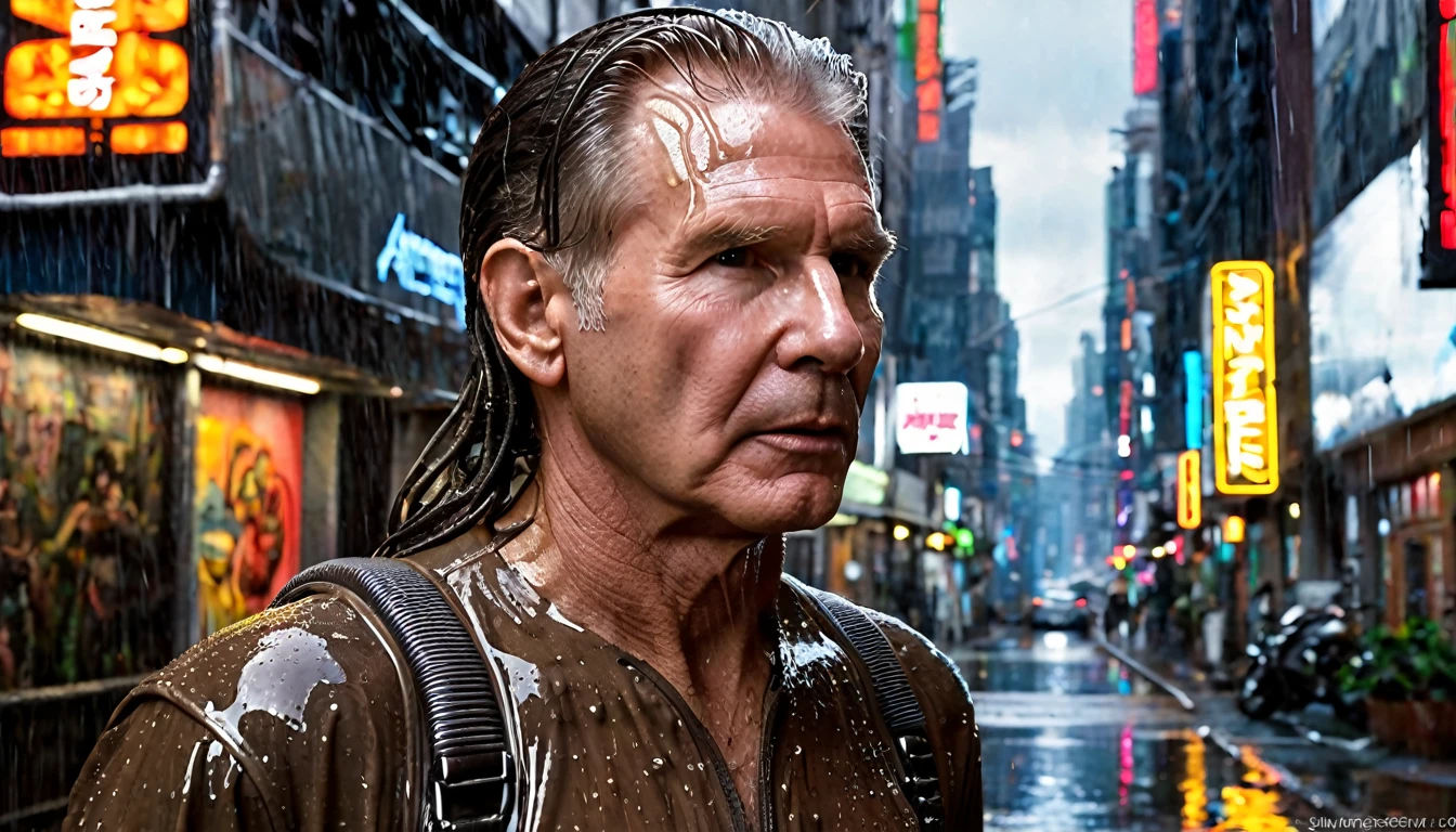 movie poster, man with the face of Harrison Ford, dressed in brown overalls, face to face with the Xenomorph, Hans Ruedi Giger's alien, in the background a futuristic city, neon lights, wet street, highly detailed image, sharp focus, studio photography, xf iq 4, 1 5 0 0 0 0 mp, 5 0 mm, iso 2 0 0, 1/1 6 0 s, realistic, natural light, octane rendering, adobe lightroom, thirds resolution, symmetrical balance, depth layers , polarizing filter, ..., hd, color optics, ..., hd, opaque color, masterpiece