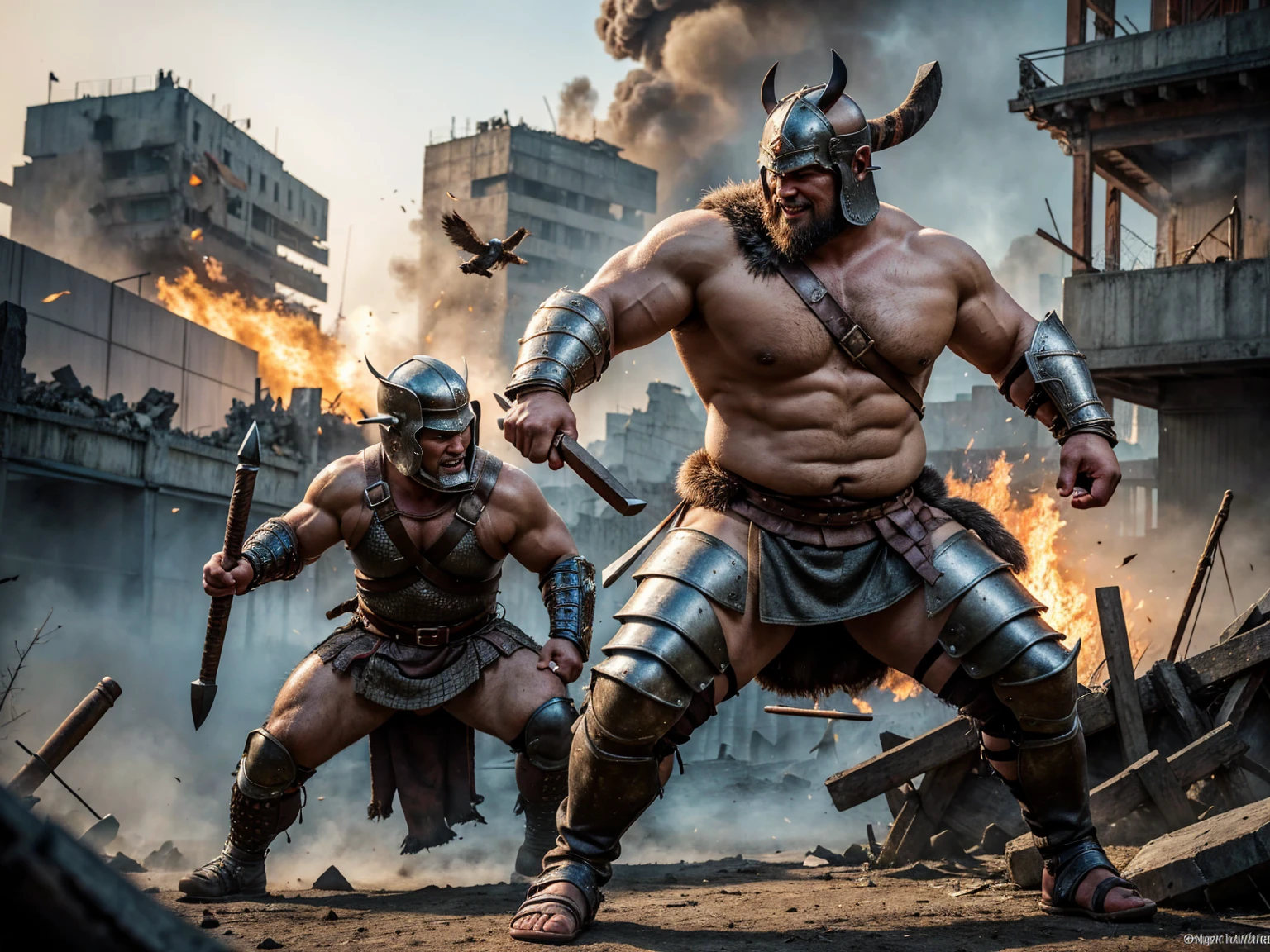 looking at us, Staring Intently, face focus, Bandit, Fat ferocious barbarian:2, This barbarian is a robust stocky Japanese, smirking, mid combat, intense battle scene, leather and iron armor, armored short skirt, holding a Viking War Axes, viking helmet, legs exposed from thighs to feet, fierce warriors, ancient battlefields, epic showdown, battleground background, masterpiece, volumetric lighting, Dramatic, Uighur the Warden, breathtaking action, dynamic poses, bald, ((ultra sharp)), ((masterpiece)), ((best quality)), ((ultra detailed)), ((intricate details)), Inguinal region detailed, Dilapidated, breathtaking action, destroyed city after big air raids, fire, smoke, A brutal scene, lets out a yell, 