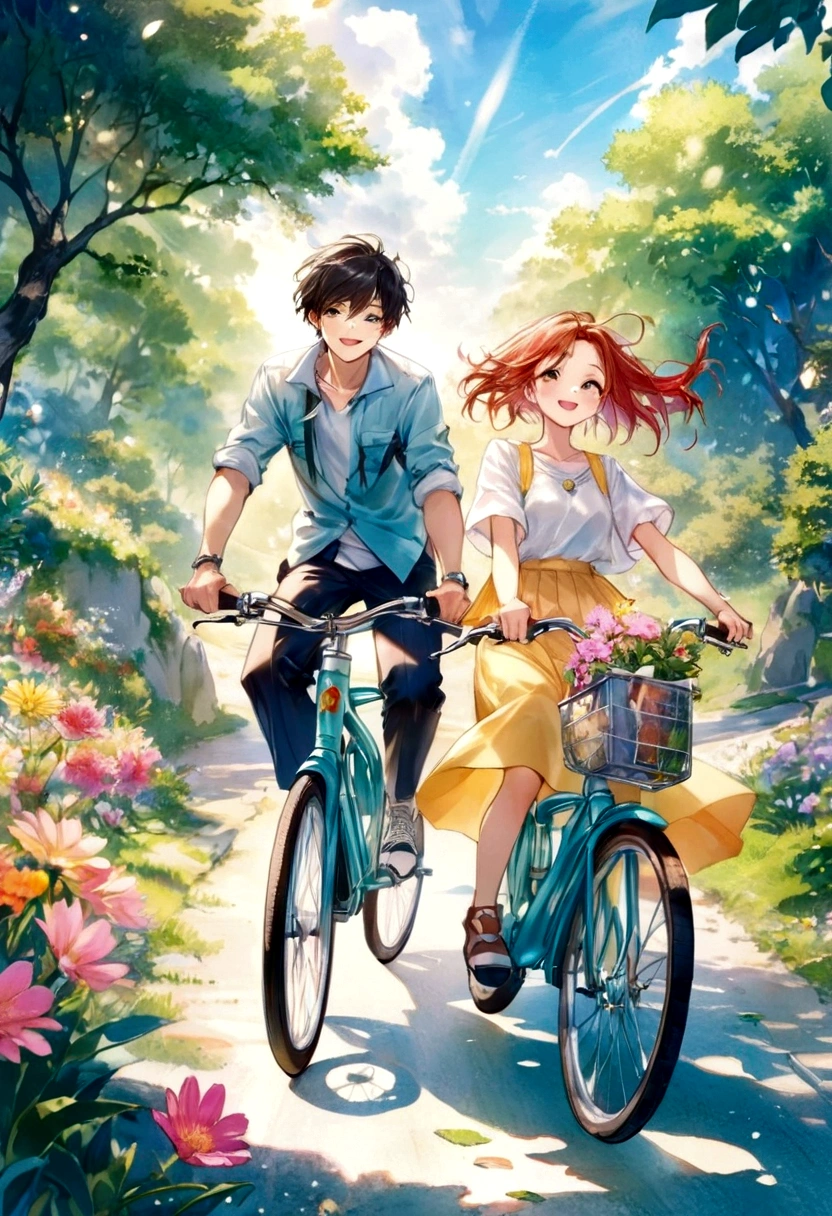 Watercolor style、(masterpiece:1.2)、Children&#39;s book illustrations、Cartoon Art、Future、Manga style、4K、UHD、high quality、High resolution、最high quality、Award-winning、UHD、masterpiece、Fine contouranga style、Cool and edgy、Smiling young couple cycling along a sunny country road、Surrounded by blooming flowers and lush greenery、Happiness Their faces are shining。bright, Bright colors, Film Angle, High detail, Nostalgic, Fashionable, Pause, colorful, With confidence, Expressive, accessories, Coil, Surroundings, stylish, Striking, modern, Fashion DeepL.com(Free version)(最high quality:1.5)、(最high quality:1.2、super quality:1.5)、Translated with watercolors