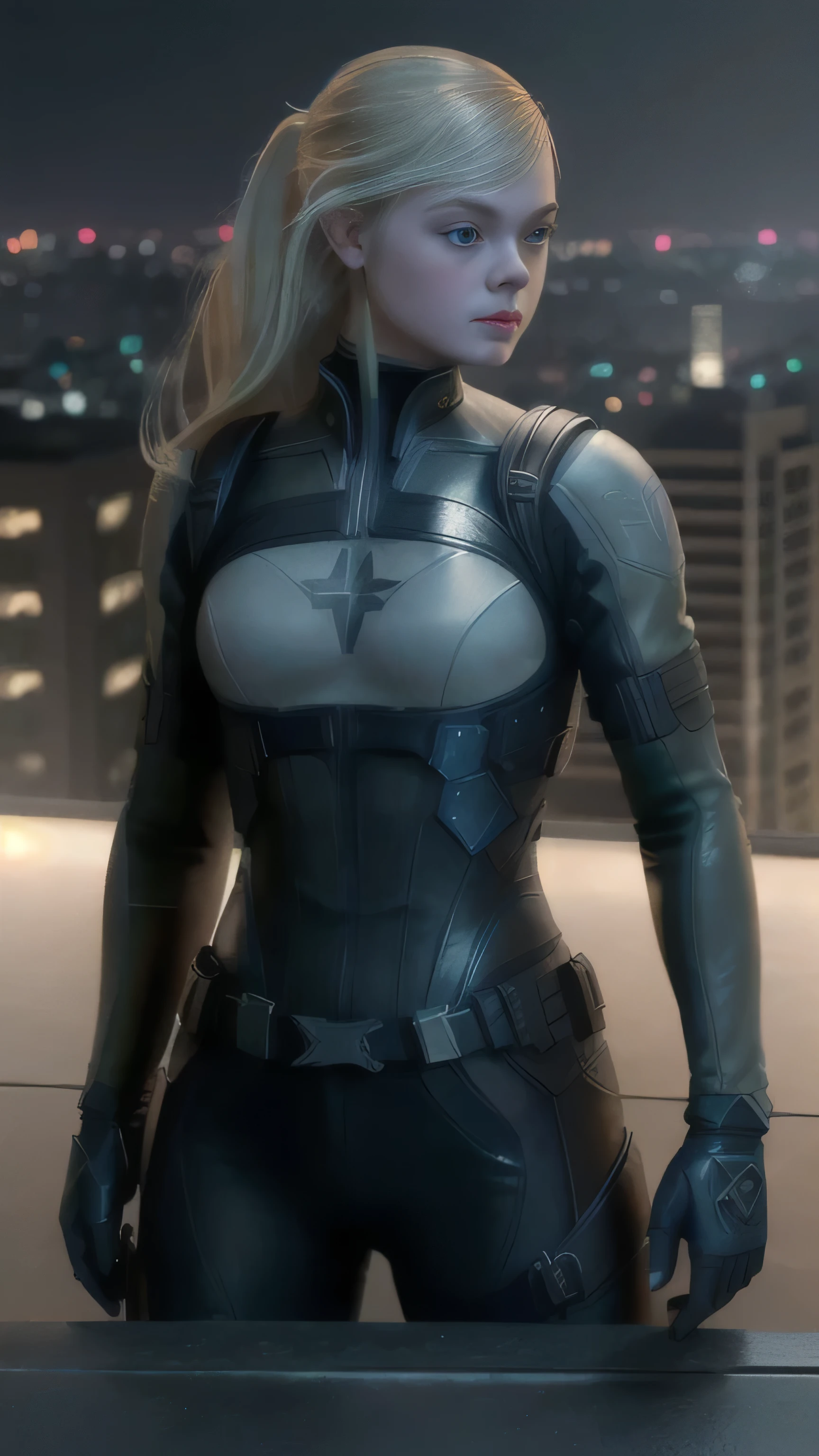 (Elle Fanning) as Cassie Cage from Mortal Kombat, long hair, blonde hair, chic outfit, overlooking the city from a rooftop bar at night, standing, 1woman, solo, full body view, front view, looking at viewer, intricate, high detail, sharp focus, dramatic, photorealistic painting art by greg rutkowski