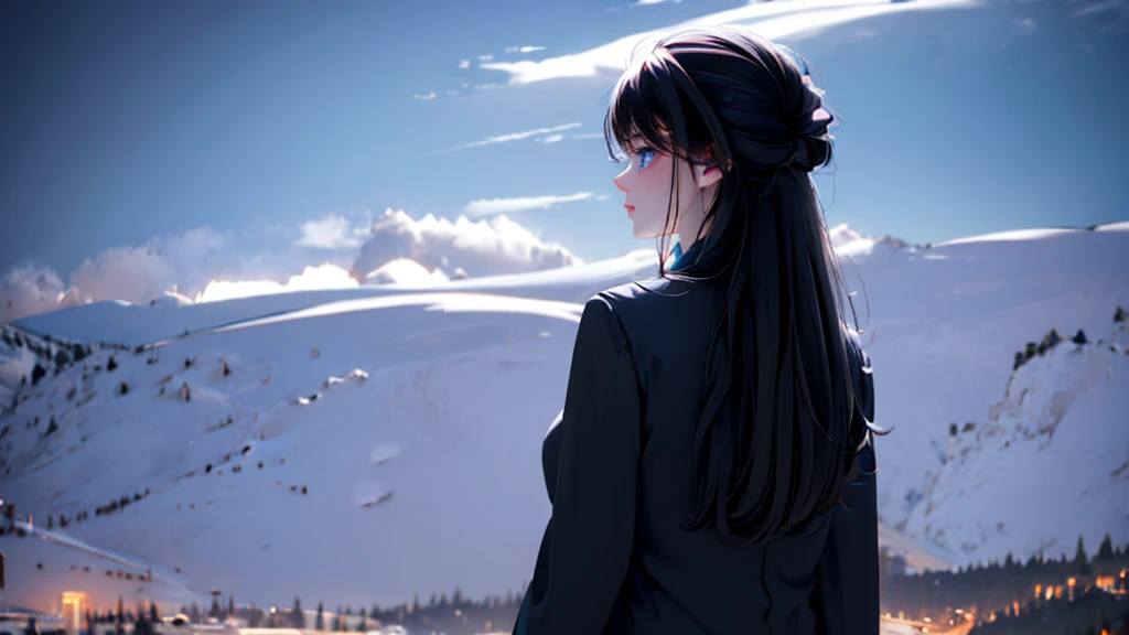 1 girl, medium light black hair, light blue eyes, wearing black suit, night city, 18+ , high res, ultrasharp, 8K, masterpiece, looking from behind