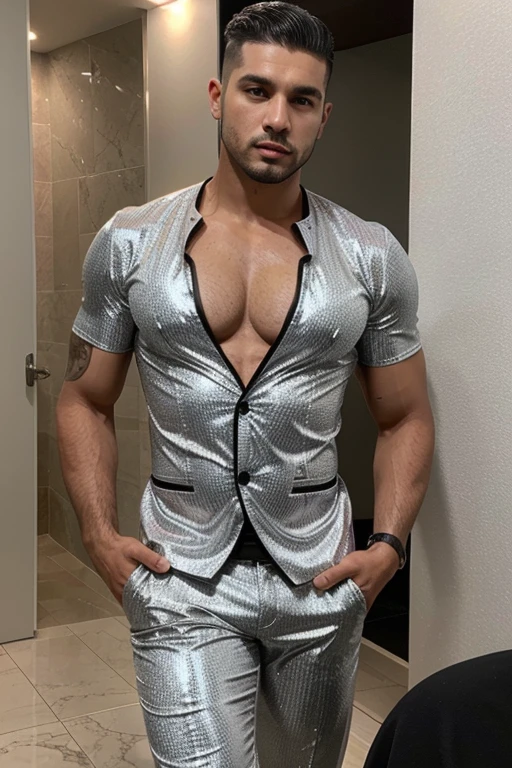 Foto real beleza masculina moda roupa preta moderna glamour luxo show alta costura homen latino atletico pedrarias brilho 