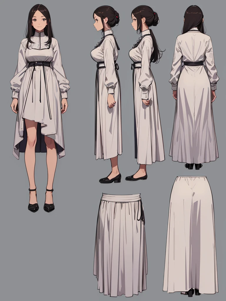 cute, standing lady, three view drawing, front and back and side,full body,simple background