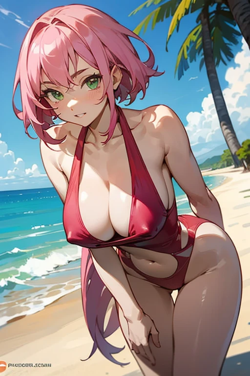 creates a 25 year old anime girl in a red swimsuit touching her wide hipped breasts and large breasts with pink hair and green eyes, en un paisaje de playa con palmeras 