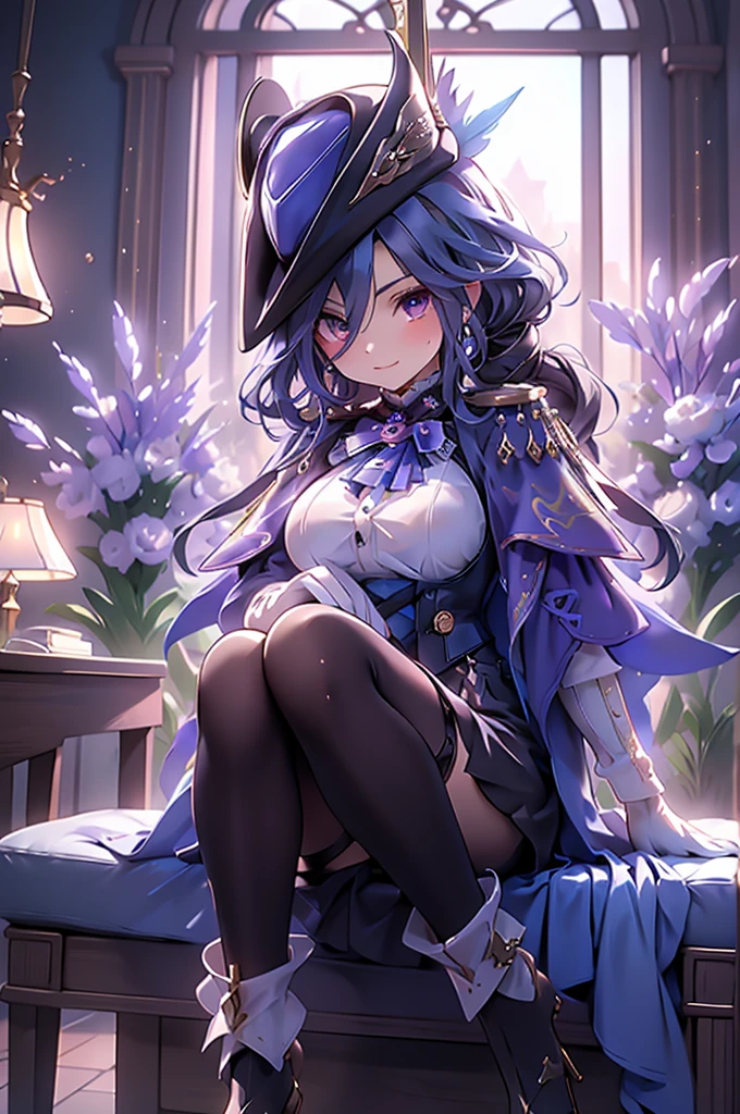 Side Angle、Cross your arms、Fearless smile、clorinde \(genshin impact\),1girl,solo,purple eyes,hat feather,tricorne,white gloves,low ponytail,blue cape,blue hair,epaulettes,black pantyhose,ascot,breasts,black skirt,corset,blue headwear,boots,leg garter,black corset,shirt,earrings,high heels,Sit in a chair in the office、Luxurious Western-style interior
