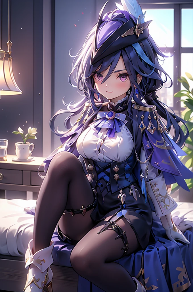 Side Angle、Cross your arms、Fearless smile、clorinde \(genshin impact\),1girl,solo,purple eyes,hat feather,tricorne,white gloves,low ponytail,blue cape,blue hair,epaulettes,black pantyhose,ascot,breasts,black skirt,corset,blue headwear,boots,leg garter,black corset,shirt,earrings,high heels,Sit in a chair in the office、Luxurious Western-style interior