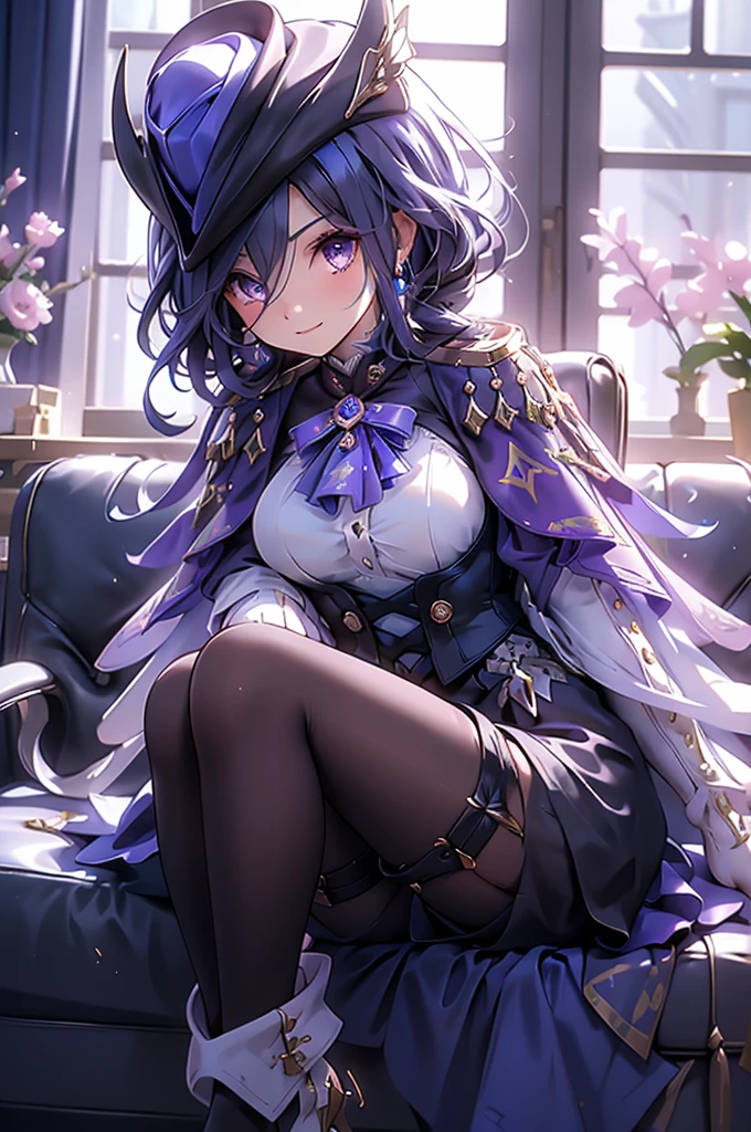 Side Angle、Cross your arms、Fearless smile、clorinde \(genshin impact\),1girl,solo,purple eyes,hat feather,tricorne,white gloves,low ponytail,blue cape,blue hair,epaulettes,black pantyhose,ascot,breasts,black skirt,corset,blue headwear,boots,leg garter,black corset,shirt,earrings,high heels,Sit in a chair in the office、Luxurious Western-style interior