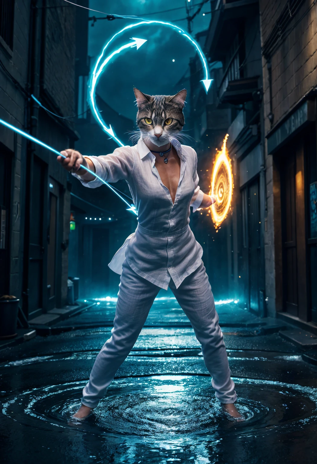 an anthropomorphic cat wearing white linen is depicted in an action pose, swirling water with an arrow symbol in cat hand, floating above a street in a dark city alleyway, swirling magic effects and swirling energy waves surround cat, with a blue glow on cat face and body, looking at the camera, hyper detailed, movie still, ultrawide