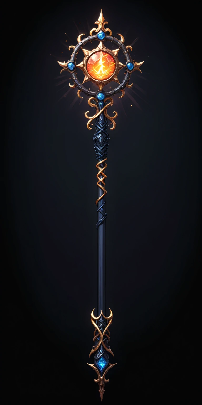 pixel art, cartoon illustration, Divine glavie greatstaff, Powerfull Magical theme, simple black background, RPG game icon 