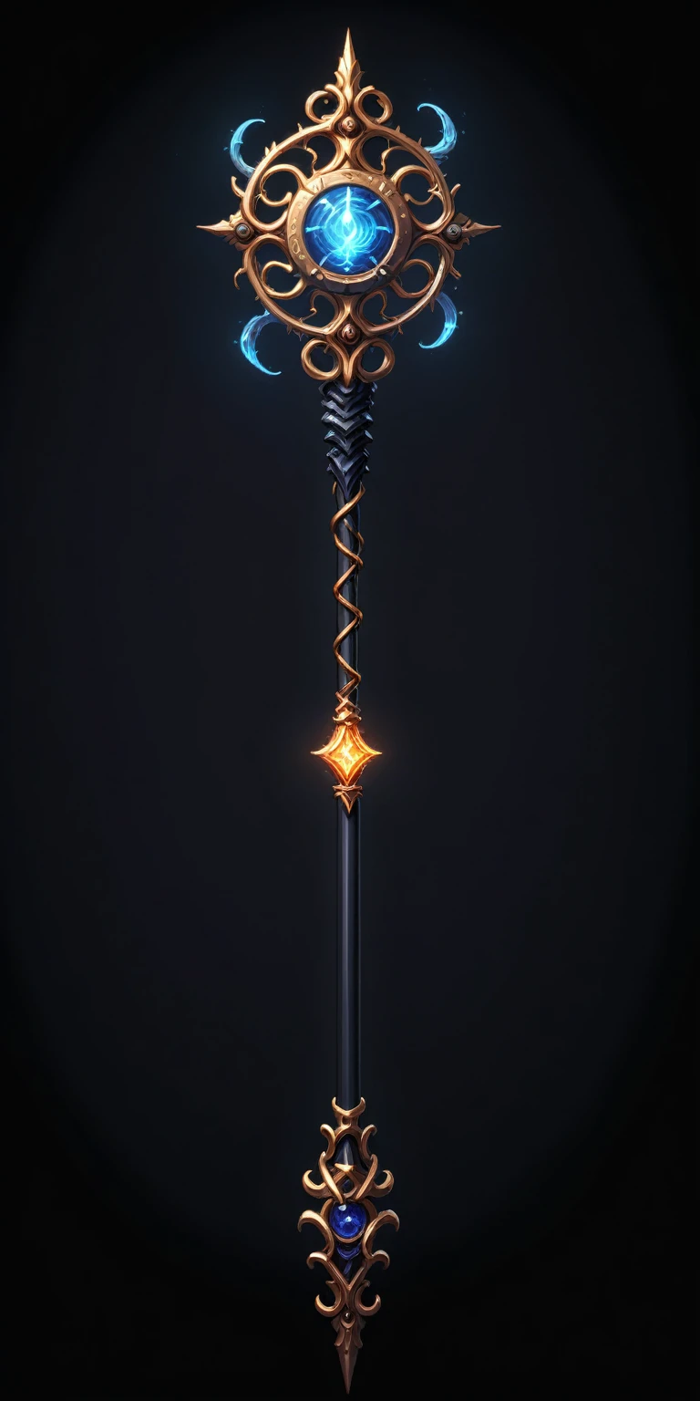 pixel art, cartoon illustration, Divine glavie greatstaff, Powerfull Magical theme, simple black background, RPG game icon