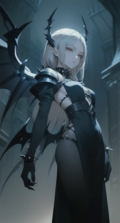 Queen Lilith, spiked wings, sharp talons, silver hair, dark castle, obsidian armor,