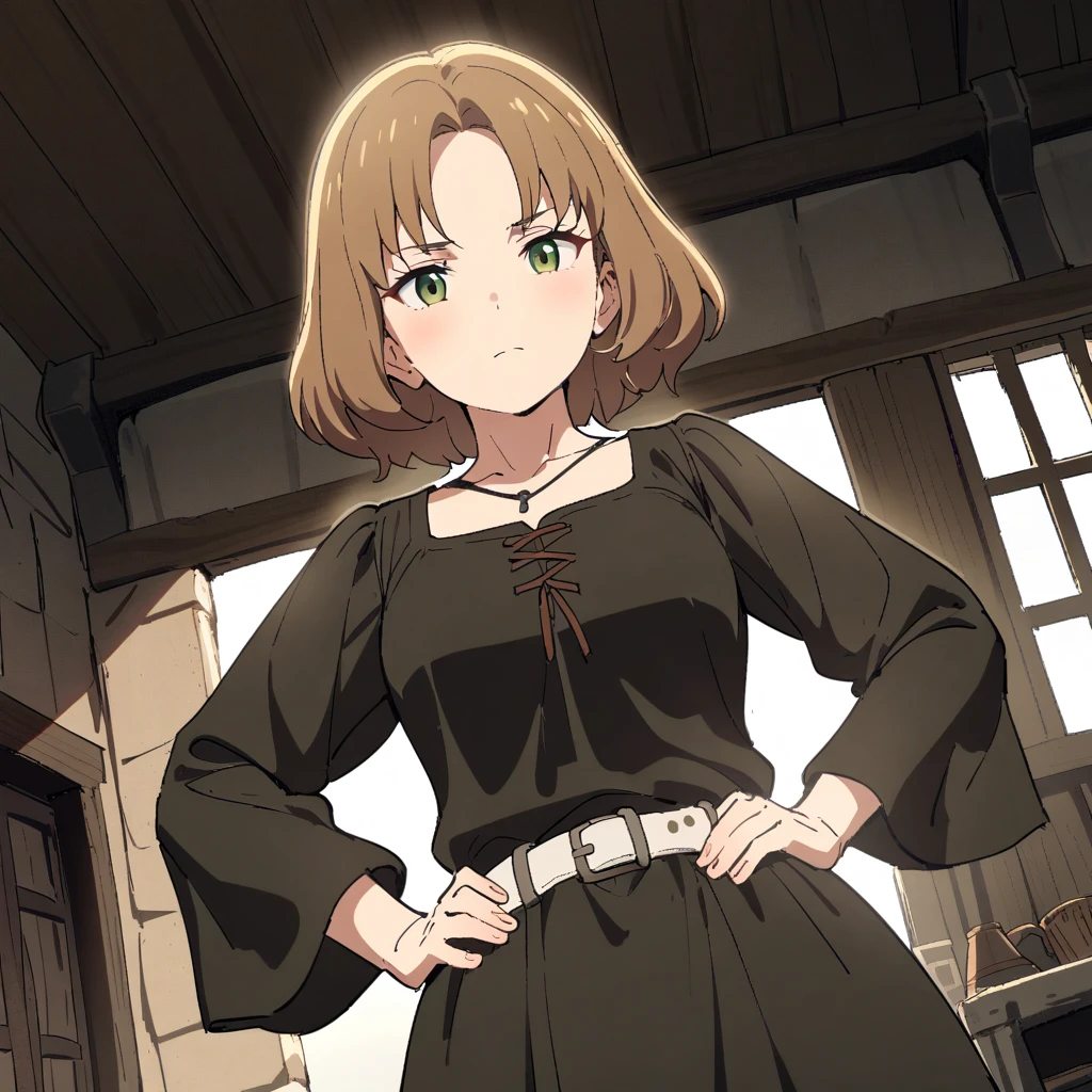 {{upper body, dutch angle}} {{Artist: sincos}} 1girl, mature female, brown hair, short hair, green eyes, black dress, white belt, indoors, living room, standing, hands on hips, pov, medieval fantasy.