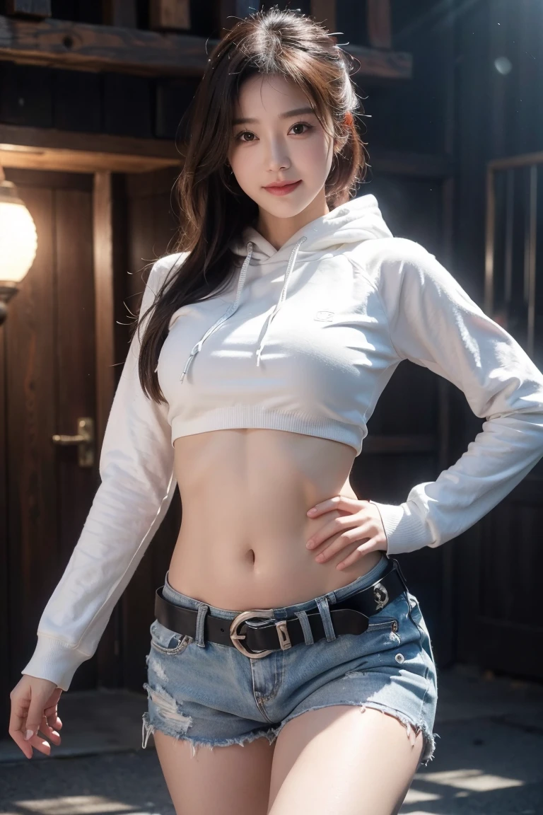 a girl, Thick belly button hoodie, long sleeve, (bare midriff, exposed navel), sexy abs, navel open,completely exposed abdomen, Low-rise hot pants,Expose your little belly,Mermaid Line, metal belt, cowboy shot, summer street, 8k, best quality, masterpiece, photorealistic, ultra-detailed, vivid colors, professional lighting, cinematic, dynamic pose, dramatic lighting, intricate details,Looking at the camera,Smile,Sweating on belly