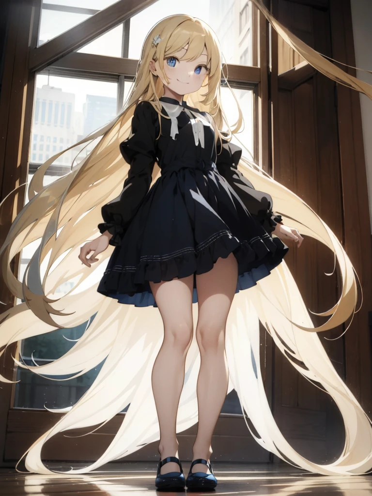 absurdres, uhd, best_quality:1.4, Very long term, Very large eyes, (toddlers), (Lori), Very small stature, long blonde hair, split bangs, parted bangs, blue eyes, flat shoes, dress with empire waistline, pastel colored clothes, magia, A smile, Puella Magi Madoka,