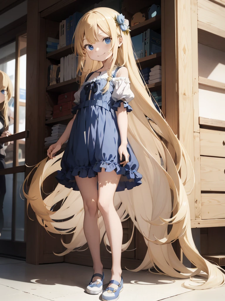 absurdres, uhd, best_quality:1.4, Very long term, Very large eyes, (toddlers), (Lori), Very small stature, long blonde hair, split bangs, parted bangs, blue eyes, flat shoes, dress with empire waistline, pastel colored clothes, magia, A smile, Puella Magi Madoka,