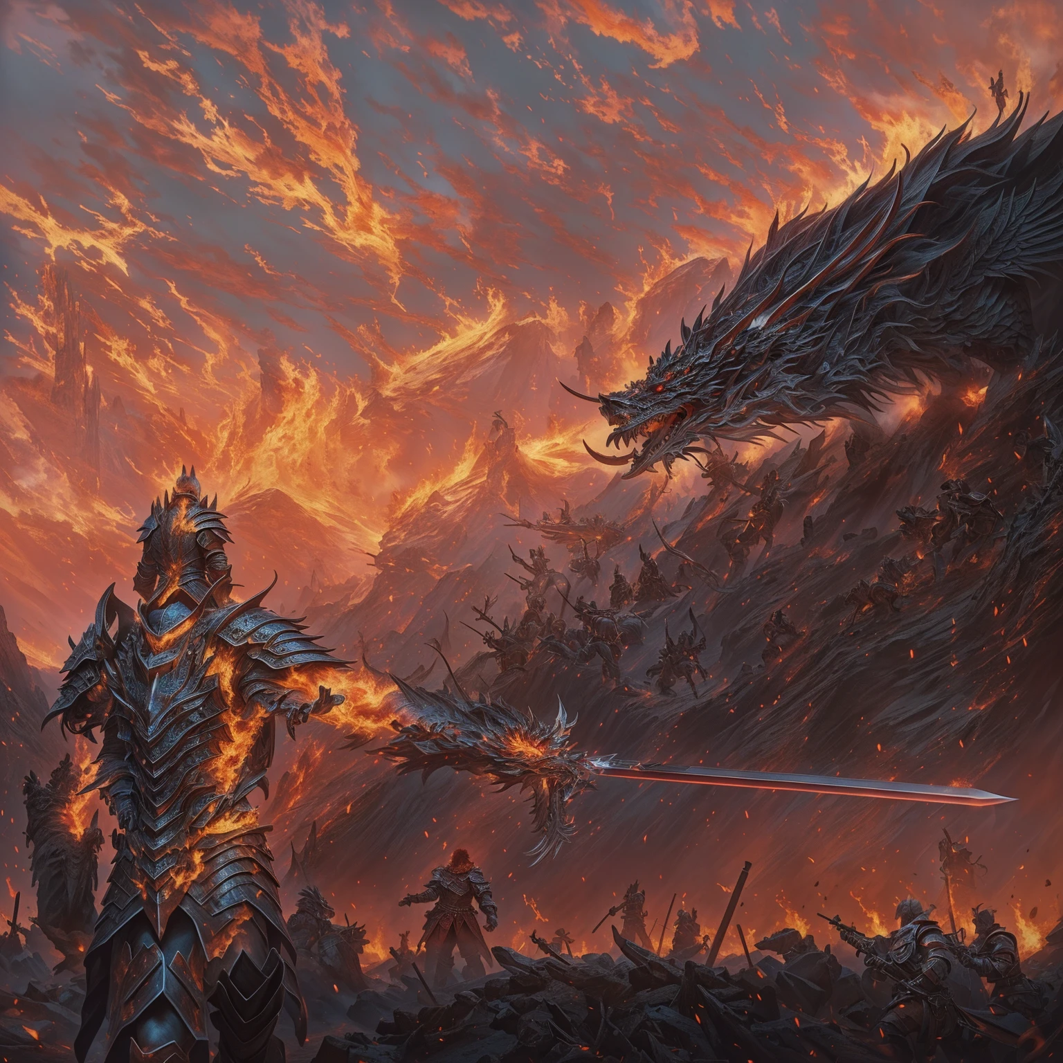 A knight holding a sword, Standing in front of the fiery red sky with his back to the camera, There is a Chinese dragon in the sky on the right, Epic fantasy artwork, Epic Fantasy Game Art, 4k fantasy art, Epic fantasy art, concept art wallpaper 4k, A man wearing a coat、Man holding a sword walking on the battlefield, epic beautiful art, Medieval style, Epic RPG Portrait, Stunning character art, fighting background, Wide battlefield, Alone, Back，战场上一个男人的Back, The flames spread, The fire burst into the sky, The war is raging, wounded, Blood, Weapons scattered on the ground, Top quality, Best quality, masterpiece, The most detailed, rich and colorful, war