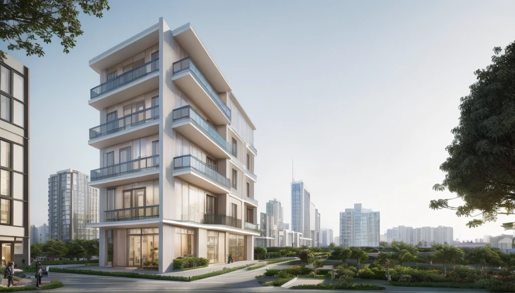 (masterpiece, best quality:1.2), rendering of a modern office building with a large sign on the top, (landscape), (city) , shophouse, modern lush condo as shopfront, wide angle exterior 2022, photo from 2022, full building, architectural rendering, mantra rendering, precise architectural rendering, residential, full - view, realistic building, realistic architecture