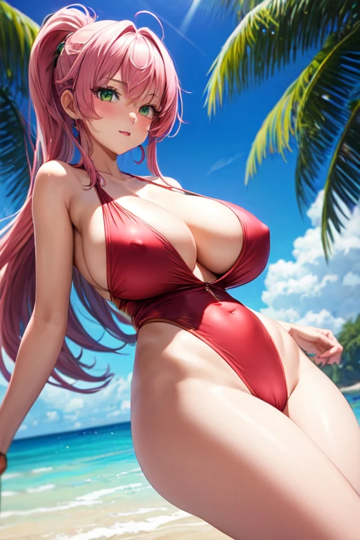 creates a 25 year old anime girl in a red swimsuit touching her wide hipped breasts and large breasts with pink hair and green eyes, en un paisaje de playa con palmeras 