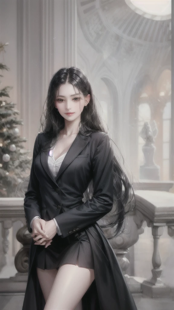 Girl with long straight black hair and brown eyes, beautiful, thin, flat, tall, wearing a businesswoman's uniform
