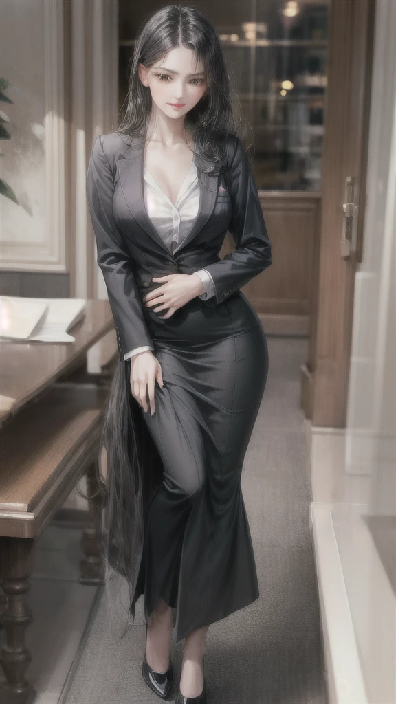 Girl with long straight black hair and brown eyes, beautiful, thin, flat, tall, wearing a businesswoman's uniform