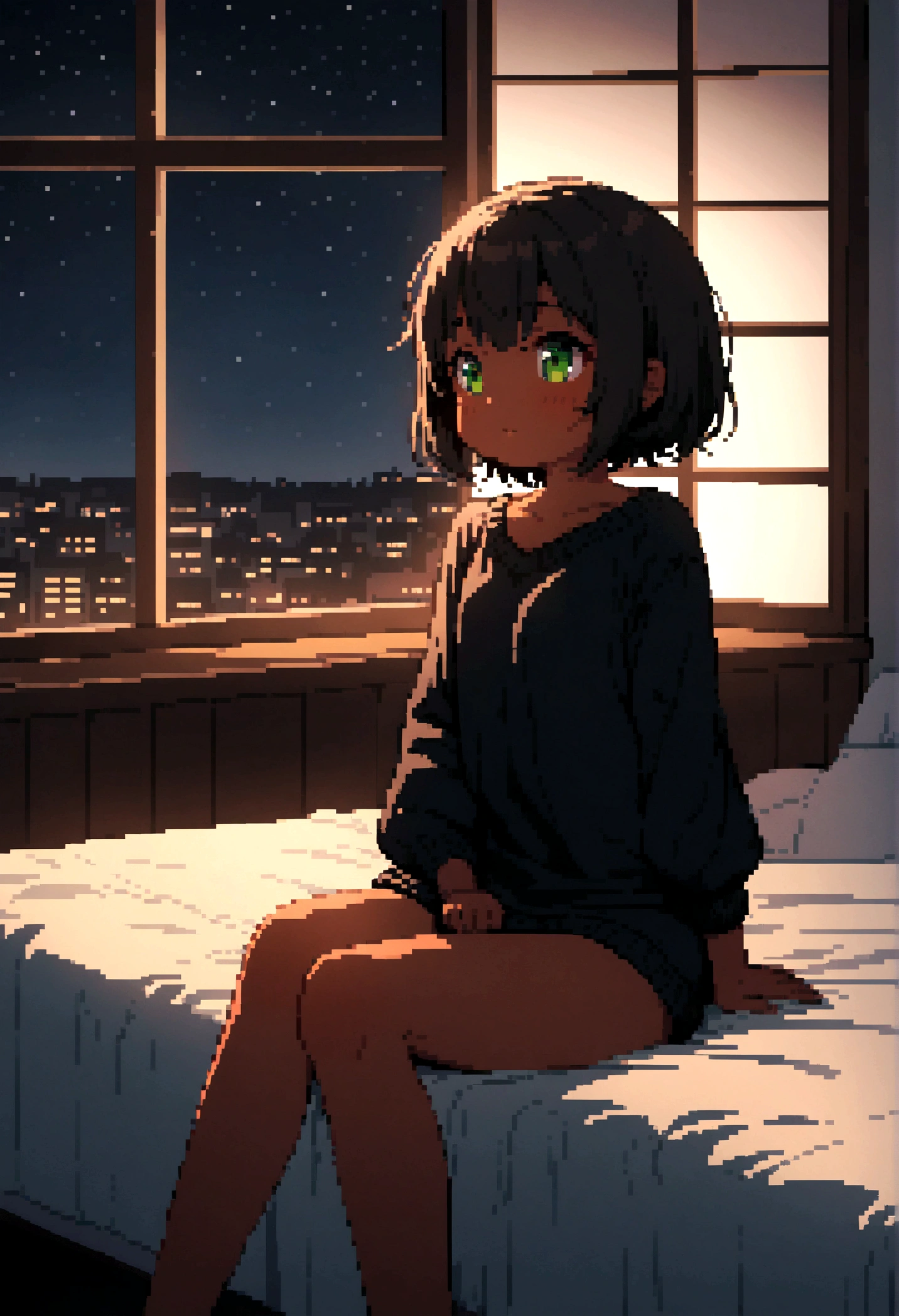 , short hair, dark hair, tan, green eyes, black sweater, bare legs, Sitting on the bed looking at the window, it's night, The night is full of bright stars, From the window you can see buildings with their windows open,