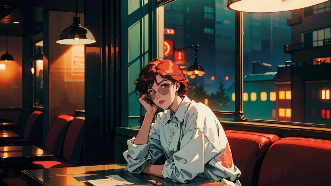 Beautiful redhead Asian girl sitting in a restaurant at night, Visible from the window, Perfect Face, sunglasses, Smoking white Taylormade cigarettes, Neon Black, (Backlight: 1.1), Hard Shadows, masterpiece, highest quality, Complex, Model shooting style, Vintage, Film Grain,