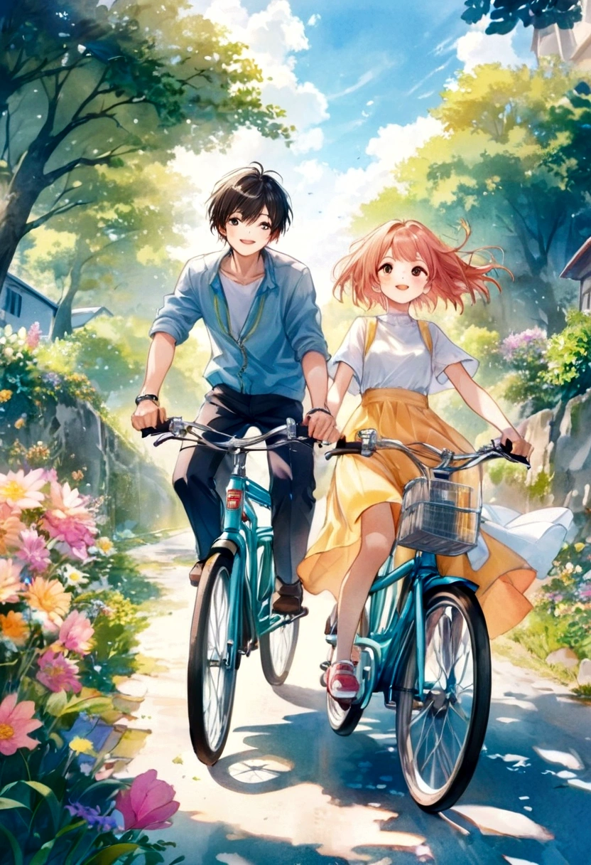 Watercolor style、(masterpiece:1.2)、Children&#39;s book illustrations、Cartoon Art、Future、Manga style、4K、UHD、high quality、High resolution、最high quality、Award-winning、UHD、masterpiece、Fine contours、Manga style、Cool and edgy、Smiling young couple cycling along a sunny country road、Surrounded by blooming flowers and lush greenery、Happiness Their faces are shining。bright, Bright colors, Film Angle, High detail, Nostalgic, Fashionable, Pause, colorful, With confidence, Expressive, accessories, Coil, Surroundings, stylish, Striking, modern, Fashion DeepL.com(Free version)(最high quality:1.5)、(最high quality:1.2、super quality:1.5)、Translated with watercolors!