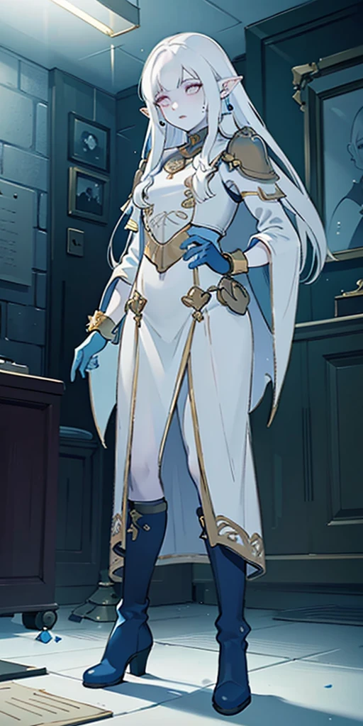 (masterpiece:1.2) (best quality:1.2) (Full body view from below) perfect eyes, perfect face, perfect lighting, 1girlMILF mature drow elf blue skin color, white hair, blue ayes, pointy ears, hyper realistic, Ultra detail, high res, blue bodysuit, blue gloves, bracelet, blue boots, extremely detailed, highly quality, 4k, sharp focus, professional, sharp focus, award winning, cinematic lighting, octane render, unreal engine, volumetrics dtx, Wallpaper