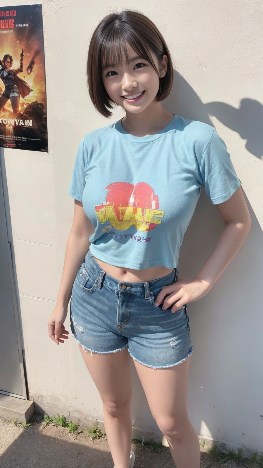 8k,((highest quality)),Very detailed,((masterpiece)),Realistic, masterpiece, highest quality, (Reality: 1.4), オリジナルphotograph, 35mm lens, Aperture f1.4, Movie Posters, Light and shadow, girl,Real Skin, (Skin Details: 1.3),Corrects your fingers into a beautiful shape, Real fingers with attention to detail,High quality skin,photograph,short hair,Age 25,((Big, wide eyes)),Big Breasts,Voluptuous body,((Full Body Shot:1.3)),Ultra-high resolution,((Realistic: 1.4)), RAWphotograph,Beautiful colors,Backlight,Bright lighting,(Bright smile:1.5),One Woman,T-shirt,Shorts,Osaka