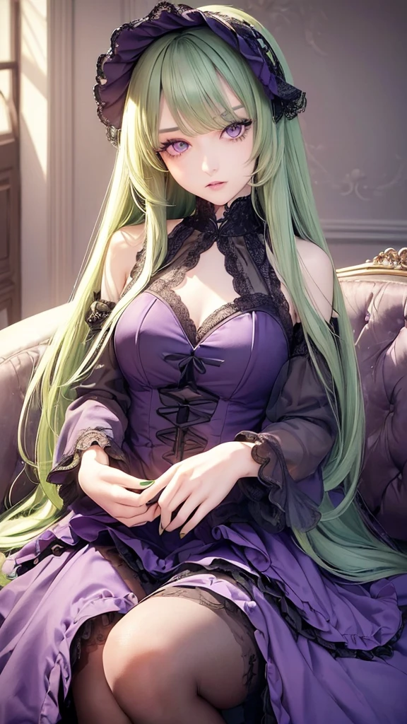 (beatiful eyes finely detailed, face to detail)((long straight green hair, round bangs, violet eyes, calm, elegant)) (full body:0.8), dark purple gothic Lolita dress, contemptuous facial expression, on top of sofa, middle age bedroom, night time, masterpiece, top-quality, detailed, high resolution illustration, full of blue iris.