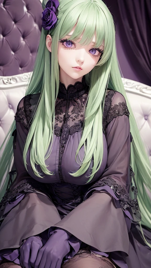 (beatiful eyes finely detailed, face to detail)((long straight green hair, round bangs, violet eyes, calm, elegant)) (full body:0.8), dark purple gothic Lolita dress, contemptuous facial expression, on top of sofa, middle age bedroom, night time, masterpiece, top-quality, detailed, high resolution illustration, full of blue iris.