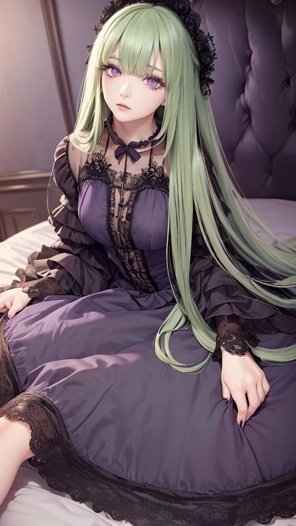 (beatiful eyes finely detailed, face to detail)((long straight green hair, round bangs, violet eyes, calm, elegant)) (full body:0.8), dark purple gothic Lolita dress, contemptuous facial expression, on top of sofa, middle age bedroom, night time, masterpiece, top-quality, detailed, high resolution illustration, full of blue iris.