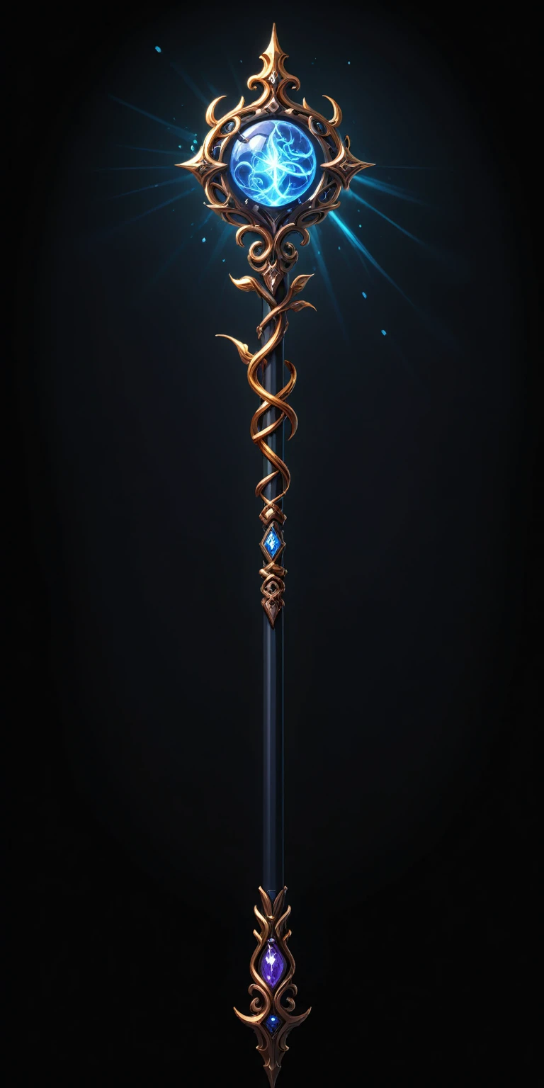 pixel art, cartoon illustration, Divine glavie greatstaff, Powerfull Magical theme, simple black background, RPG game icon