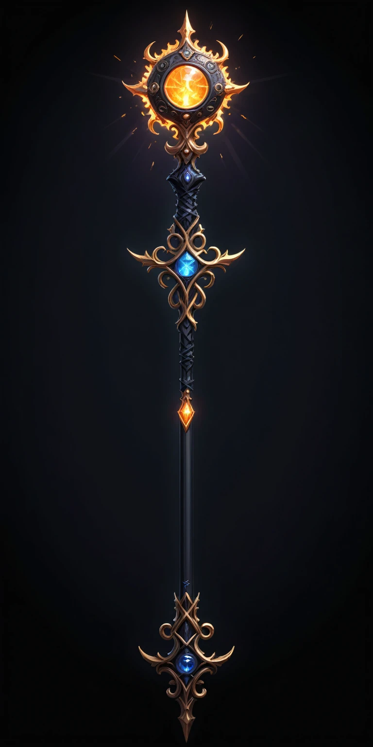pixel art, cartoon illustration, Divine glavie greatstaff, Powerfull Magical theme, simple black background, RPG game icon