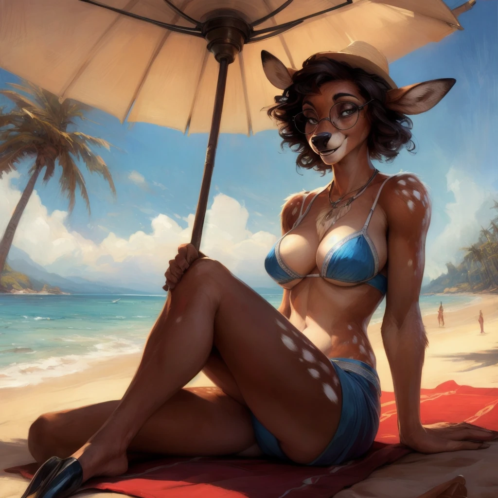 uploaded on e621, by Pixelsketcher, by Bayard Wu, by Thomas Benjamin Kennington , by Einshelm, by hioshiru and kenket, Chunie, portrait, solo anthro female deer doe, tiny featureless breasts, tiny breasts, clear dark blue, cinematic lighting, day, sunny day, beach, walks on a beach, ocean background, horizon background, palm trees background, palm trees, shiny, short curly dark brown hair, short hair, wears big black nerd glasses, very very beautiful furry art, furry art, smiling, joyful, shiny, happy, feminine, cute face, muzzle, fluffy chest, flawless face, Fallow deer, 1girl, Sakimichan is beautiful, Masterpiece, Wavethesallow Face, shiny, Detailed image, portrait, Detailed image, portrait, wears pure white bikini, wears beige summer straw hat, shiny, realistic face, perfect anatomy, hourglass body, (furry body:1.1), anthropomorphic deer, happy, very happy, small ears, huge black nerd glasses, full body, sits on a sun towel under a parasol, enjoys the sun, a few palm trees in the background, looks at the viewer, small fluffy tail
