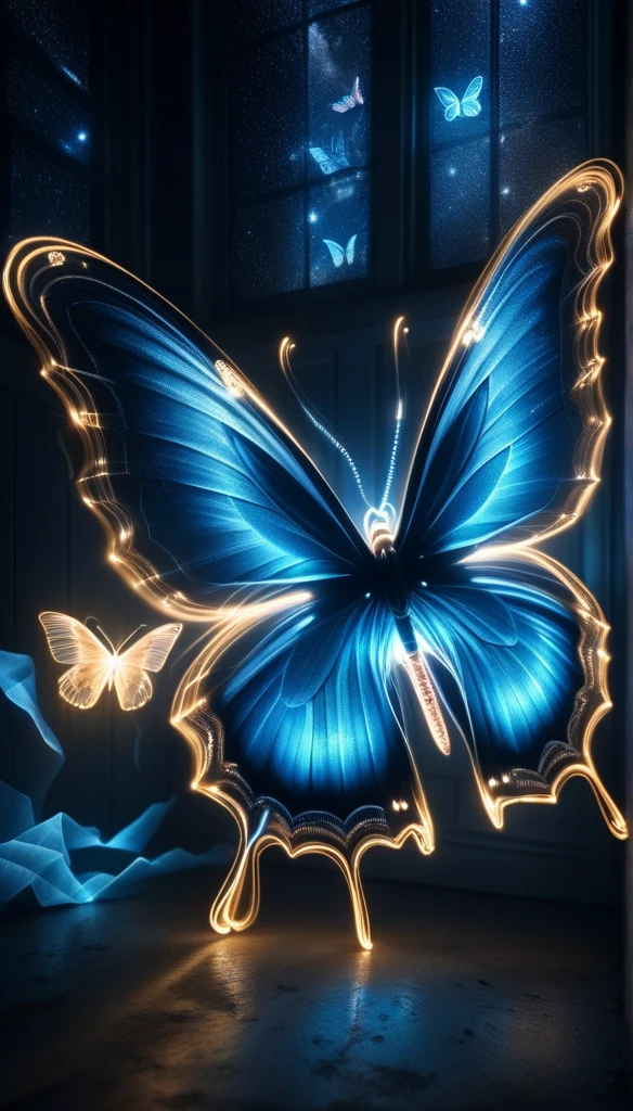 exposure-ral,a (Congelado:1.1) cosmic butterfly,hecho de nebulosas,las alas brillan con un brillo cristalino,nebulosas arremolinadas,Fotorrealismo del motor irreal 8k,ethereal lighting,electric blue,Noche,oscuridad,arte surrealista,