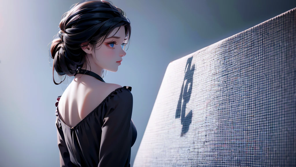 1 girl, medium light black hair, light blue eyes, wearing black suit, night city, 18+ , high res, ultrasharp, 8K, masterpiece, looking from behind
