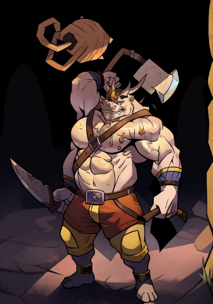 Muscle Gladiator, It has a silver bull head helmet,Wear shorts,Axe in hand,Duel in the arena