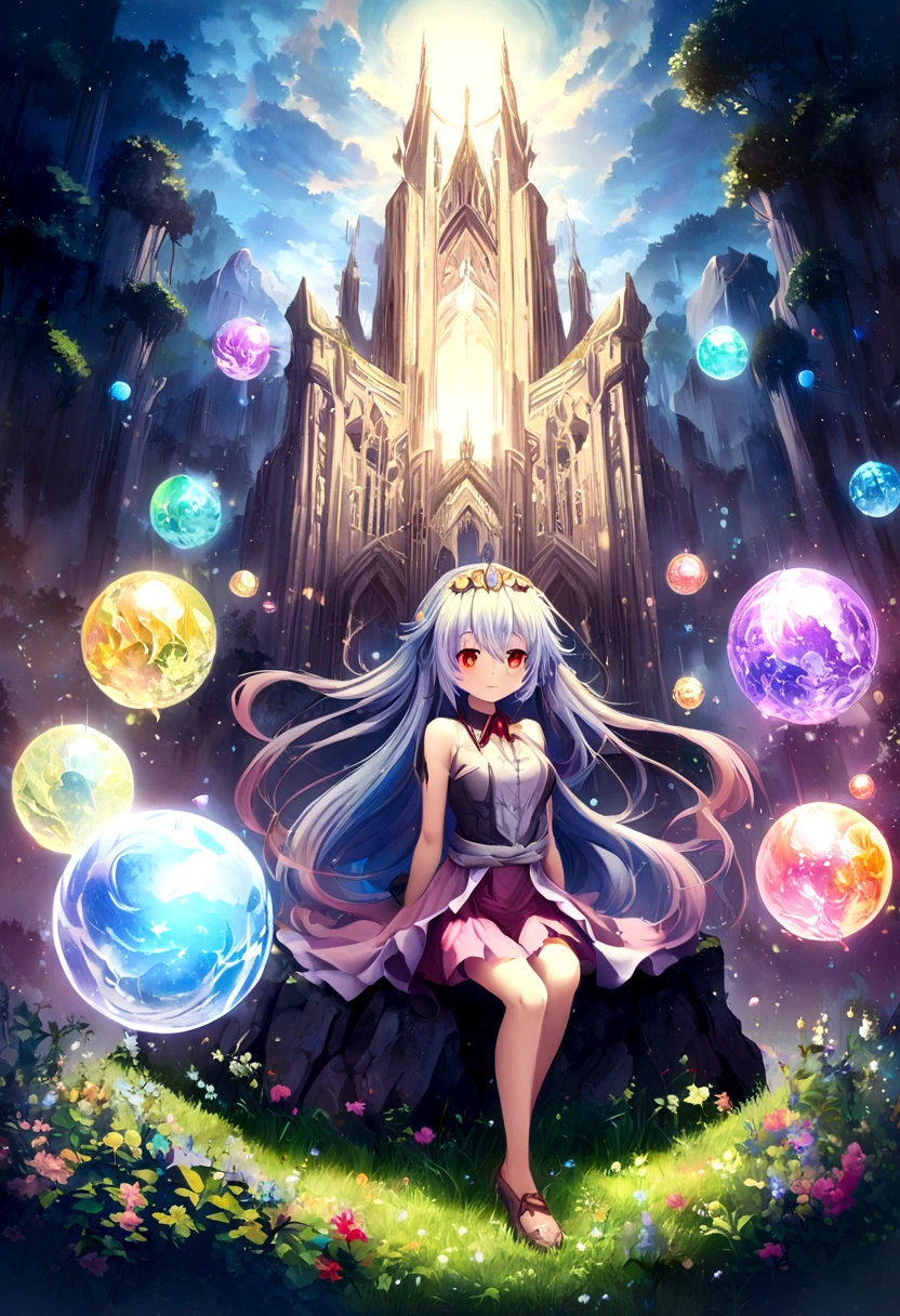 Anime couple sitting on the ground，With glowing spheres, no game no life, beautiful fantasy anime, anime in fantasy style, zerochan art, hd anime wallaper, Anime fantasy artwork, anime wallaper, ethereal anime, Beautiful anime, Anime fantasy illustration, Beautiful anime artwork, anime artsyle, Beautiful anime art, pixiv contest winner, Digital art on Pixiv