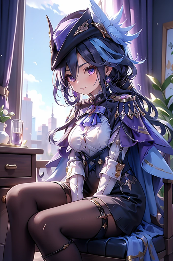 Side Angle、Cross your arms、Fearless smile、clorinde \(genshin impact\),1girl,solo,purple eyes,hat feather,tricorne,white gloves,low ponytail,blue cape,blue hair,epaulettes,black pantyhose,ascot,breasts,black skirt,corset,blue headwear,boots,leg garter,black corset,shirt,earrings,high heels,Sit in a chair in the office、Luxurious Western-style interior