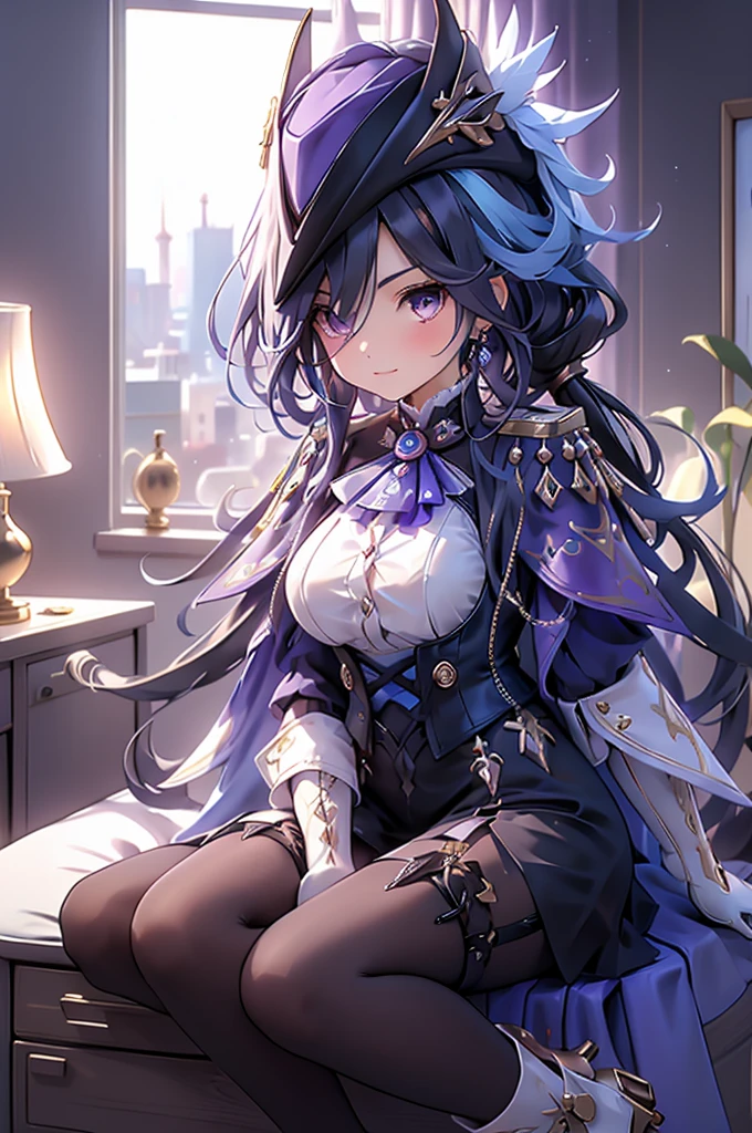 Side Angle、Cross your arms、Fearless smile、clorinde \(genshin impact\),1girl,solo,purple eyes,hat feather,tricorne,white gloves,low ponytail,blue cape,blue hair,epaulettes,black pantyhose,ascot,breasts,black skirt,corset,blue headwear,boots,leg garter,black corset,shirt,earrings,high heels,Sit in a chair in the office、Luxurious Western-style interior