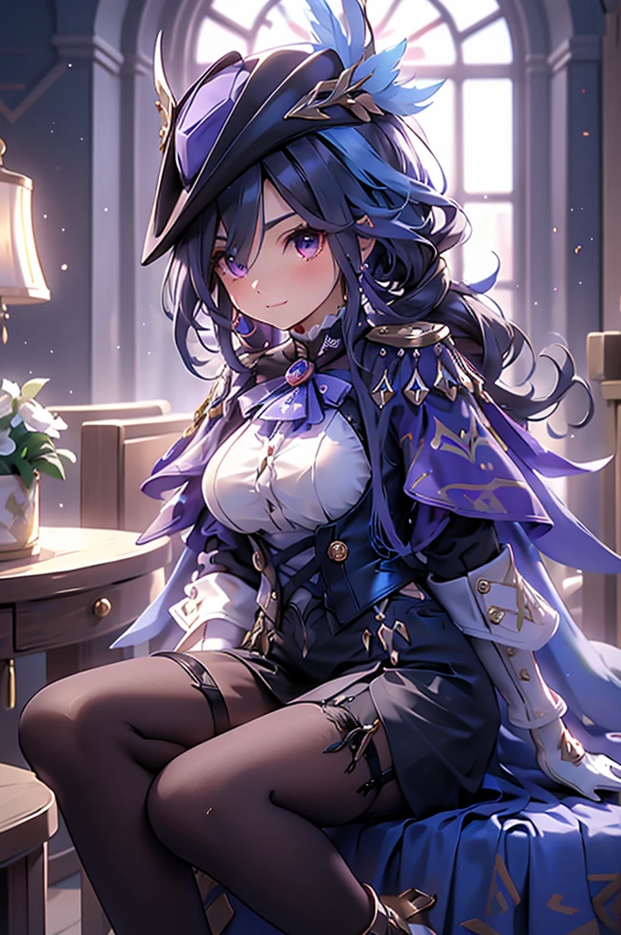 Side Angle、Cross your arms、Fearless smile、clorinde \(genshin impact\),1girl,solo,purple eyes,hat feather,tricorne,white gloves,low ponytail,blue cape,blue hair,epaulettes,black pantyhose,ascot,breasts,black skirt,corset,blue headwear,boots,leg garter,black corset,shirt,earrings,high heels,Sit in a chair in the office、Luxurious Western-style interior