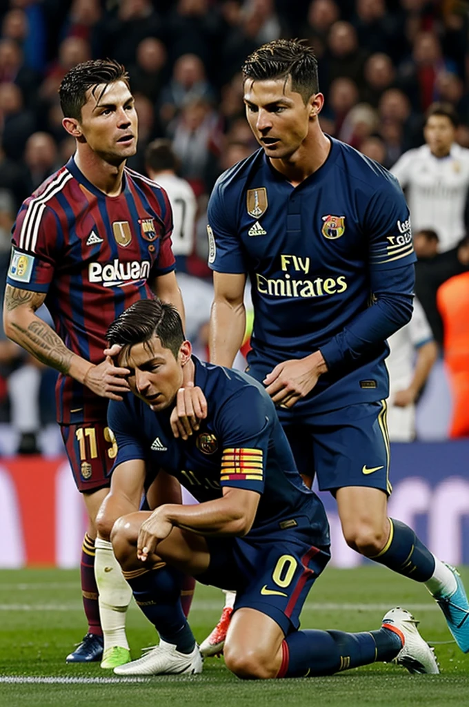 A photograph of Cristiano Ronaldo crying, kneeling in front of Messi