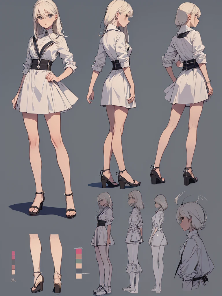 cute, standing lady, three view drawing, front and back and side,full body,simple background