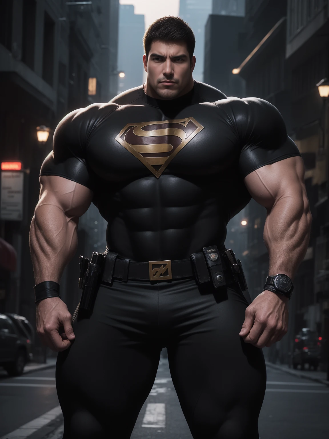 One Tall giant muscular police officer, outdoors on the street, Brown Superhero Bodysuit, The expression is arrogant, Lift your chin, messy hair, Thick thighs, Brown Superhero Bodysuit, very tight, Regular symmetrical pattern, Highlight muscles, Police uniform pants, character concept(Resident Evil - chris redfield, chris redfield)A proud expression, Deep and charming eyes, Valiant male pose, tall Burly, muscular!muscular thighs, Tough Guy, Perfect facial features, High, Burly, Heqiang, Super attractive and cool, High Resolution Committee, Charismatic strongman, Moonlight is bright,