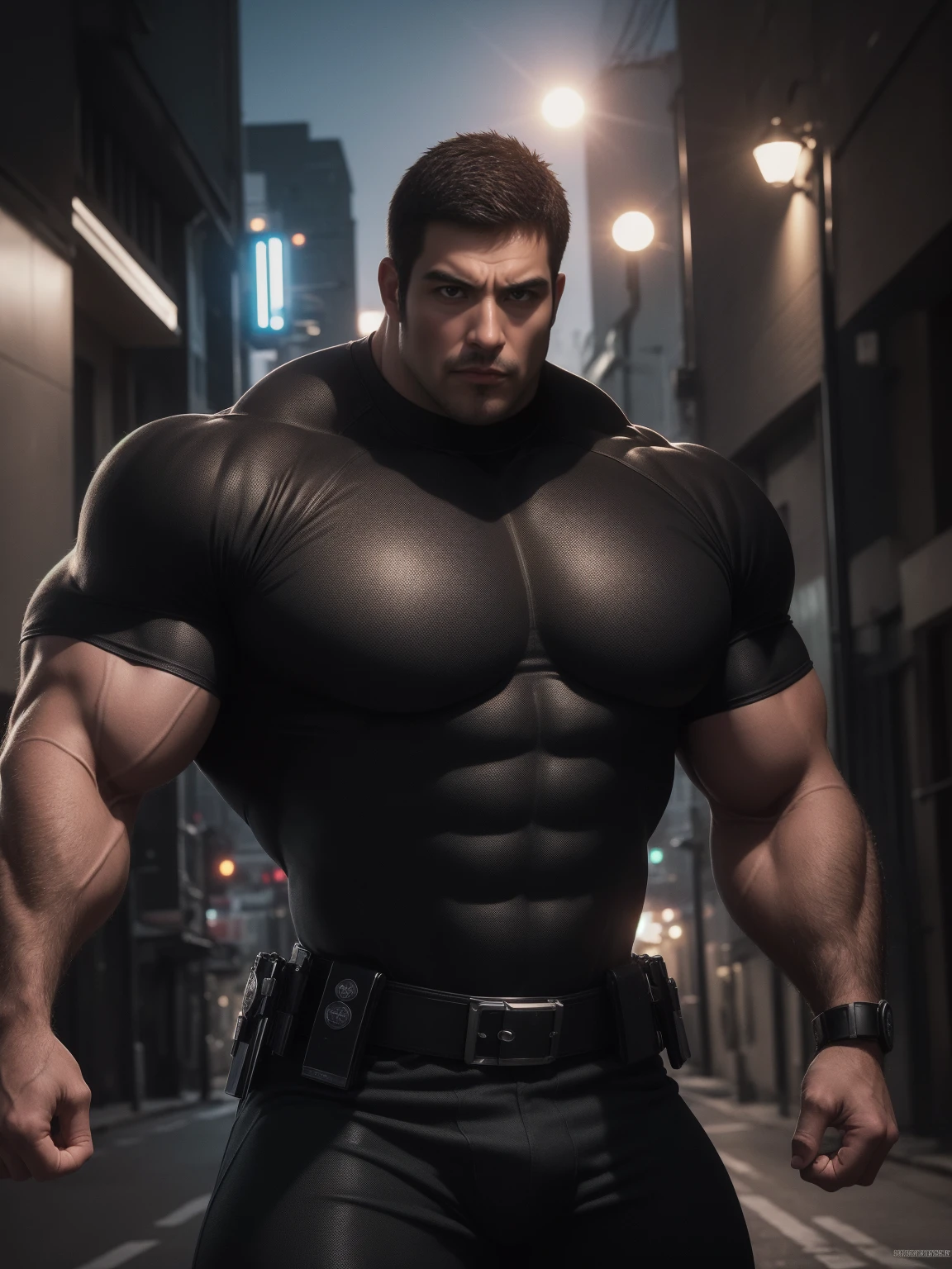 One Tall giant muscular police officer, outdoors on the street, Brown Superhero Bodysuit, The expression is arrogant, Lift your chin, messy hair, Thick thighs, Brown Superhero Bodysuit, very tight, Regular symmetrical pattern, Highlight muscles, Police uniform pants, character concept(Resident Evil - chris redfield, chris redfield)A proud expression, Deep and charming eyes, Valiant male pose, tall Burly, muscular!muscular thighs, Tough Guy, Perfect facial features, High, Burly, Heqiang, Super attractive and cool, High Resolution Committee, Charismatic strongman, Moonlight is bright,
