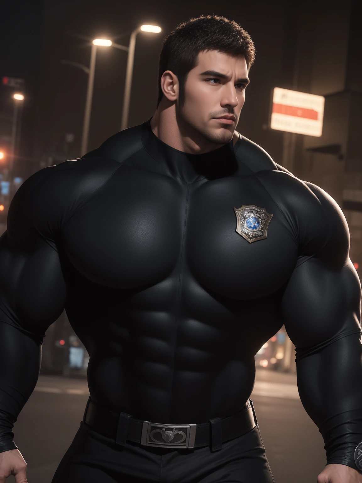 One Tall giant muscular police officer, Mechanical masks, Big Black Mask, on the street outdoors, Brown Superhero Bodysuit, The expression is arrogant, Lift your chin, Messy hair, Thick thighs, Brown Superhero Bodysuit, very tight, Regular symmetrical pattern, Highlight muscles, Police uniform pants, character concept(Resident Evil - Chris Redfield, Chris Redfield)A proud expression, Deep and charming eyes, Heroic male pose, tall Burly, muscular!muscular thighs, tough guy, perfect facial features, High, Burly, Heqiang, Super Buff and Coolness, High Resolution Committee, Charismatic strongman, The sun is blazing, dazzling
